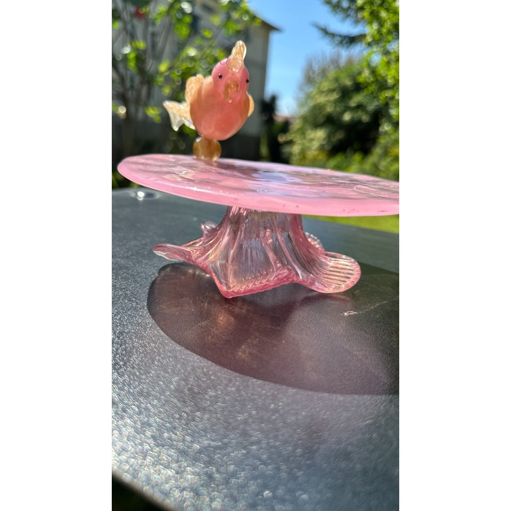 Murano Glass Pink Gold Bird Bath Pedestal Dish Removable Songbird