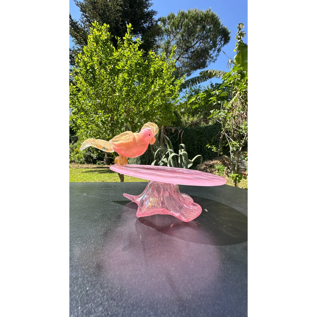 Murano Glass Pink Gold Bird Bath Pedestal Dish Removable Songbird