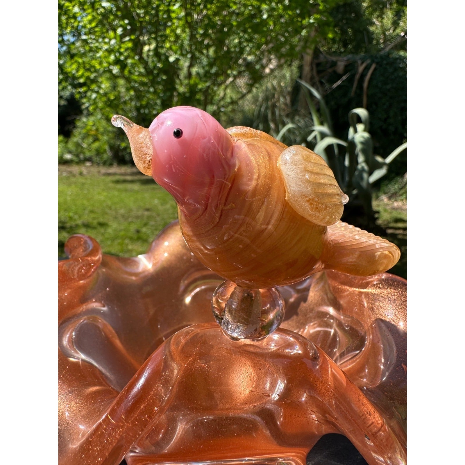 Murano Glass Pink & Gold Bird Bath / Bird Nest Centerpiece Removable Songbirds