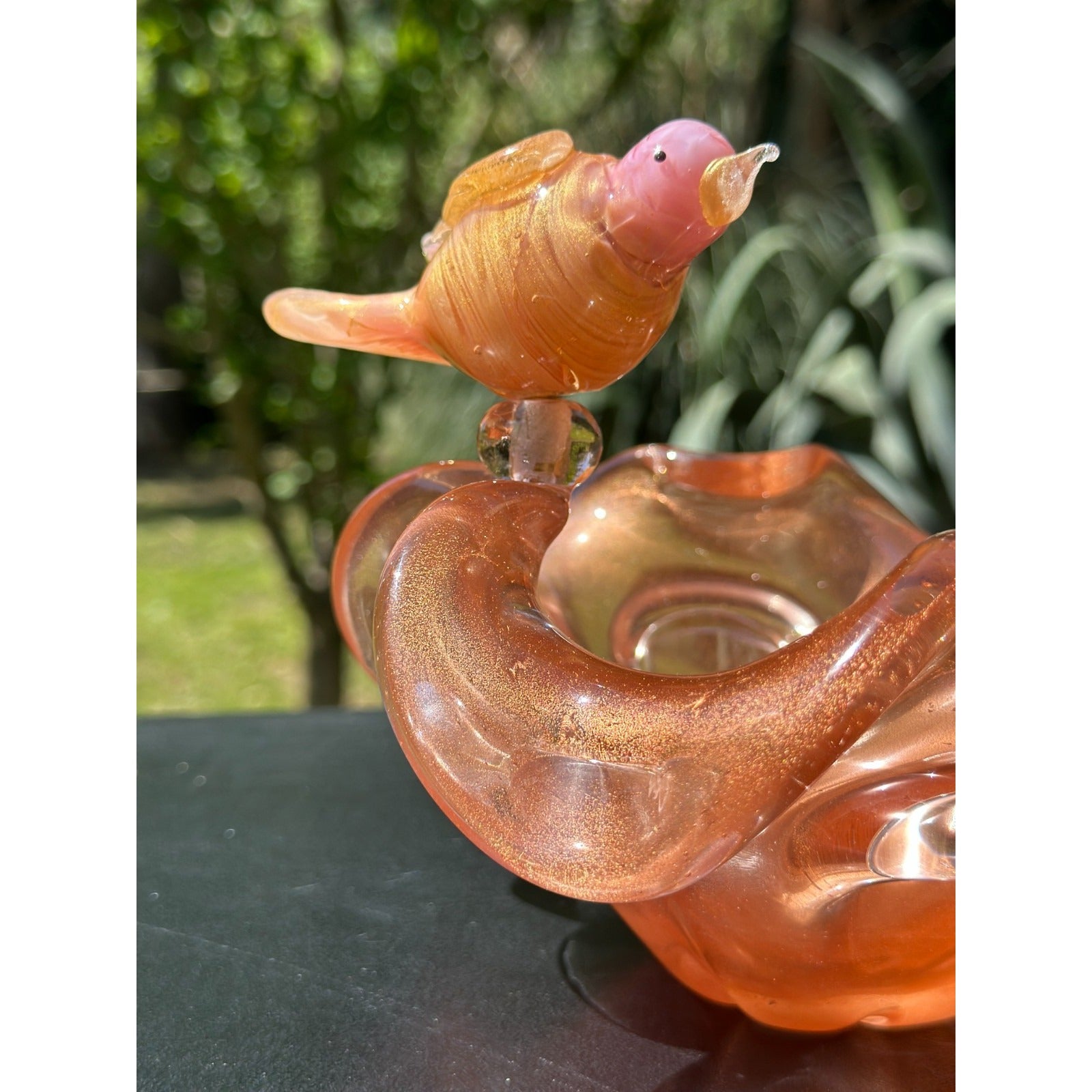Murano Glass Pink & Gold Bird Bath / Bird Nest Centerpiece Removable Songbirds