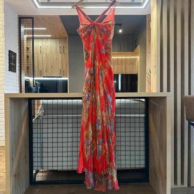 Vestito cerimonia  in seta vintage rosso ricamato con perline, taglia S