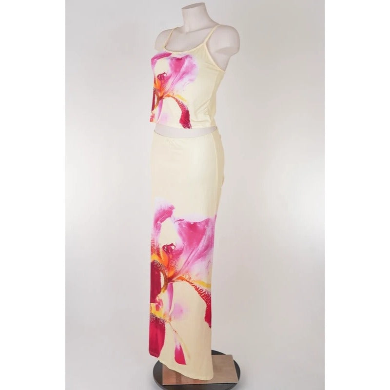 Completo top e gonna lunga floreale giallo pastello tropical  taglia L