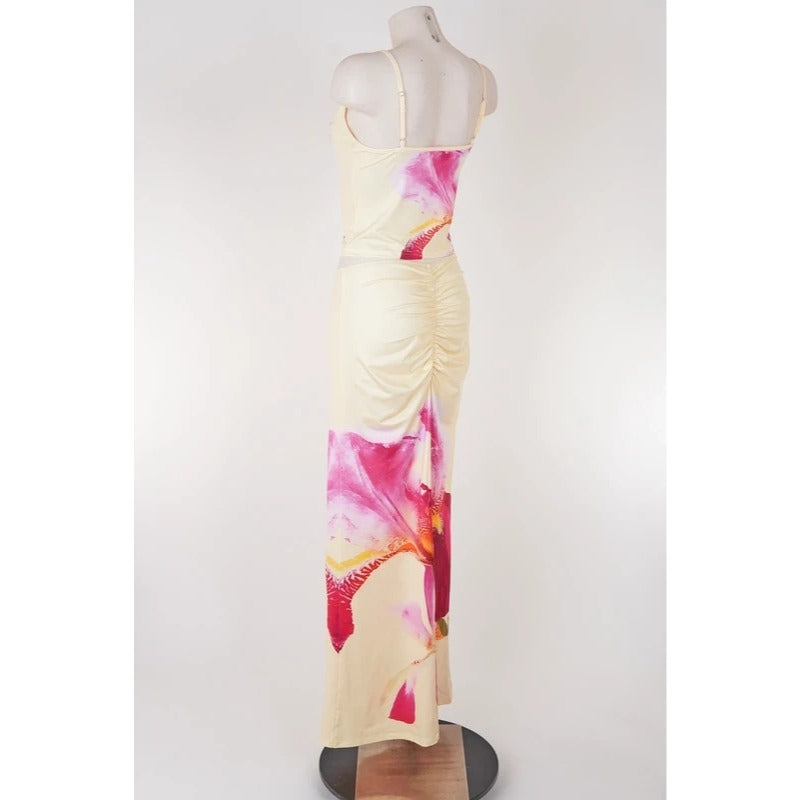 Completo top e gonna lunga floreale giallo pastello tropical  taglia L