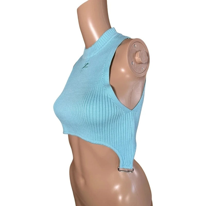 Top Courrèges azzurro crop a coste logo ricamato  S