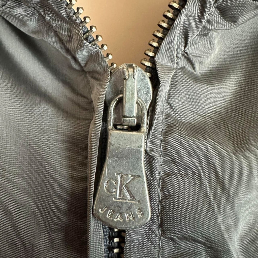 Calvin Klein Jeans Grey Hooded Zip-Up Jacket – Fleece Lined, Y2K Era