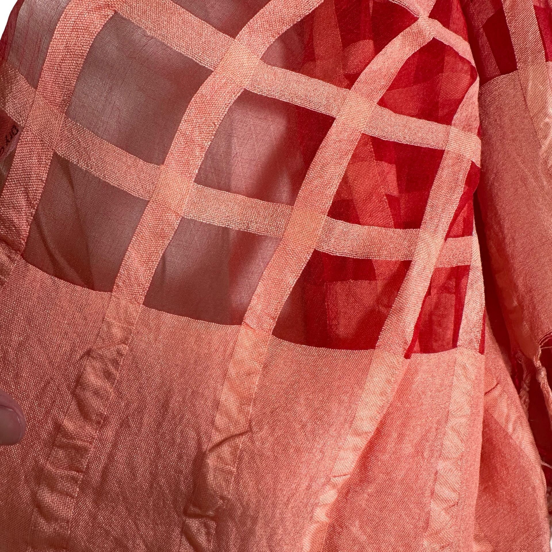 Oversized Silk Blend Scarf in Red & Pink | Sheer Geometric Pattern Wrap