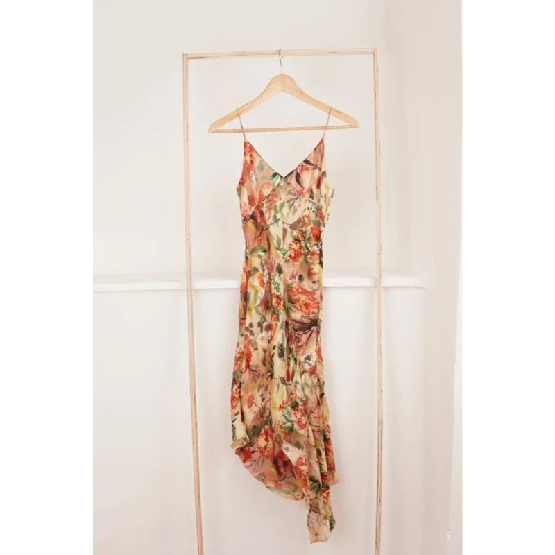 Abito lungo vintage Mango in seta floreale con scollo drappeggiato, taglia M