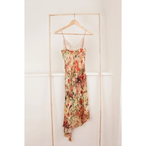 Abito lungo vintage Mango in seta floreale con scollo drappeggiato, taglia M