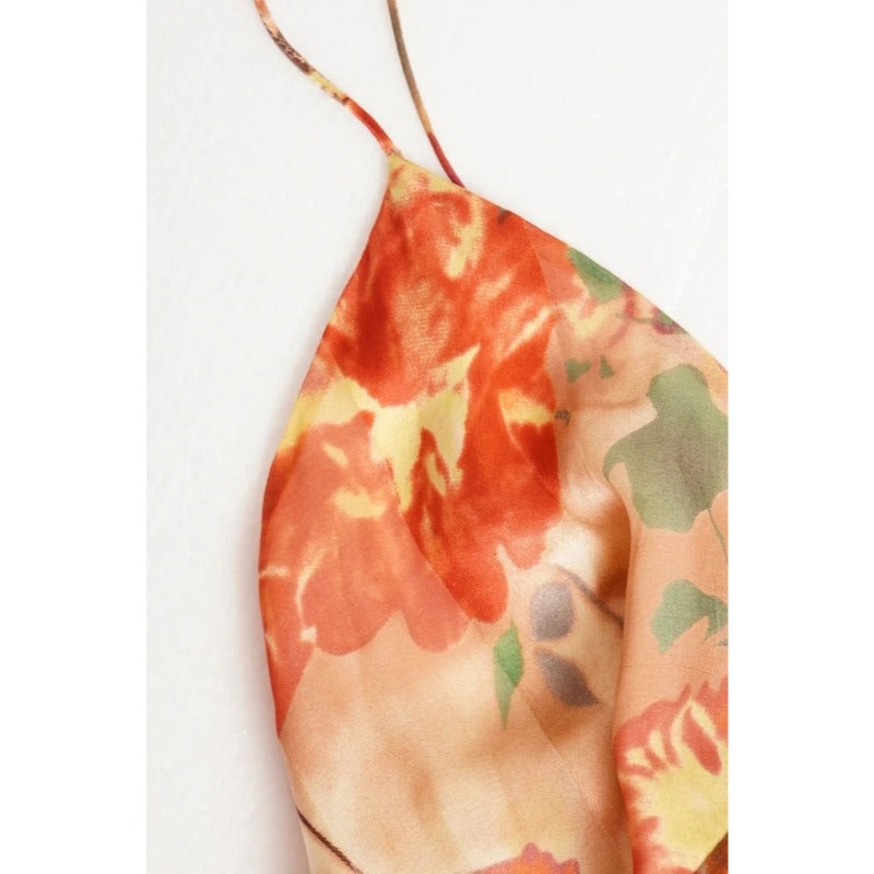 Abito lungo vintage Mango in seta floreale con scollo drappeggiato, taglia M