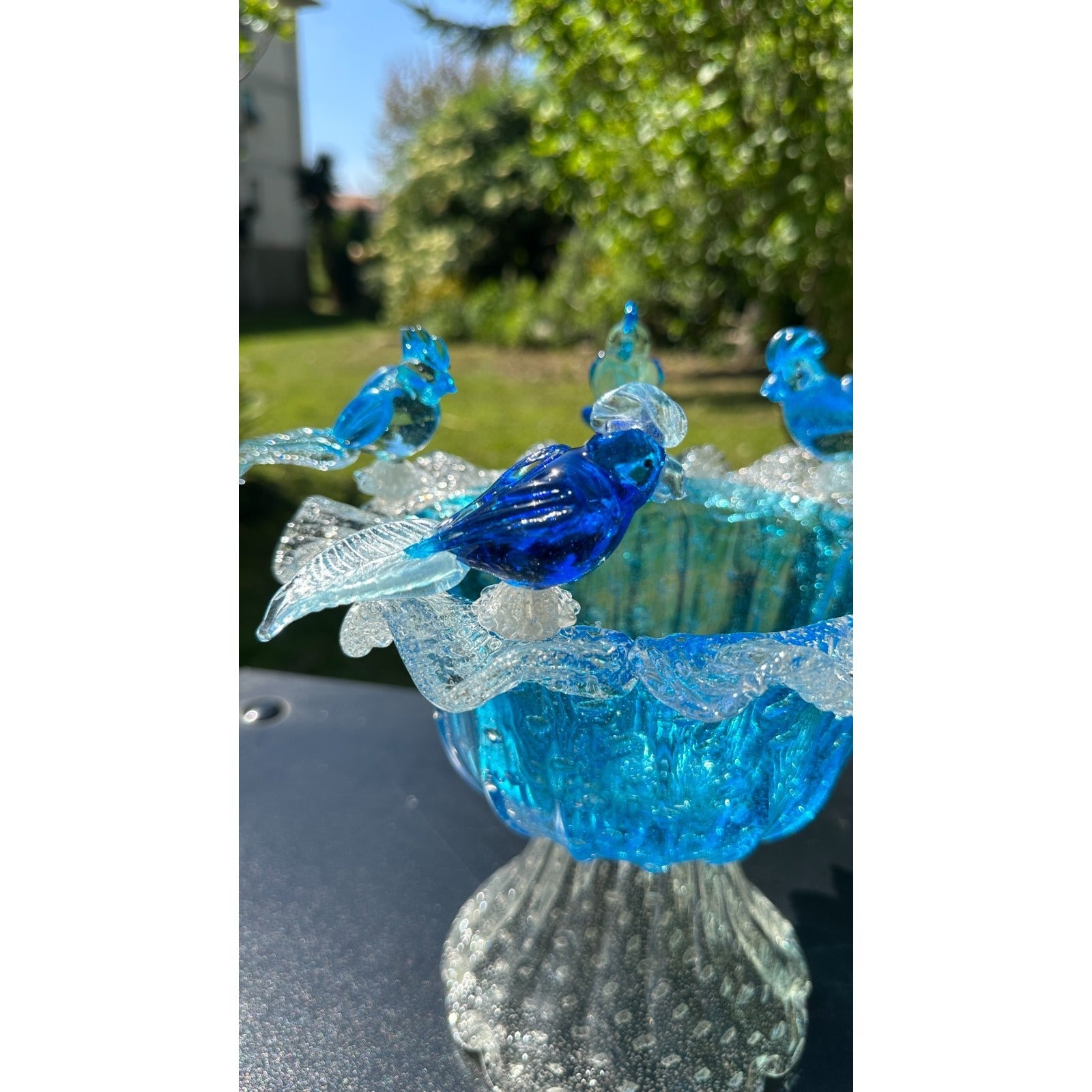 Murano Glass Blue Bird Bath Pedestal Bowl 5 Removable Birds Bullicante Murano