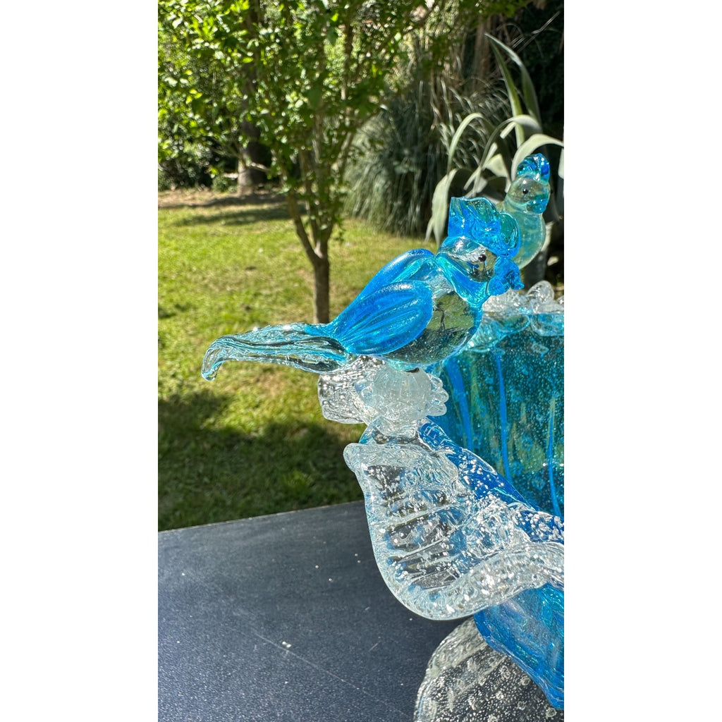 Murano Glass Blue Bird Bath Pedestal Bowl 5 Removable Birds Bullicante Murano